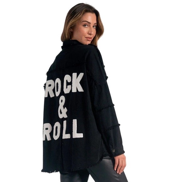 Elan Jackets & Blazers - Elan Rock & Roll Black Distressed Denim Shirt Jacket Shacket Womens Size L NEW